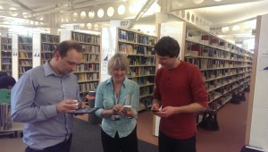 Tom (iFinity), Sharon (Librarian) and Alex (Disruptive Media Learning Technologist) programming and testing the app.